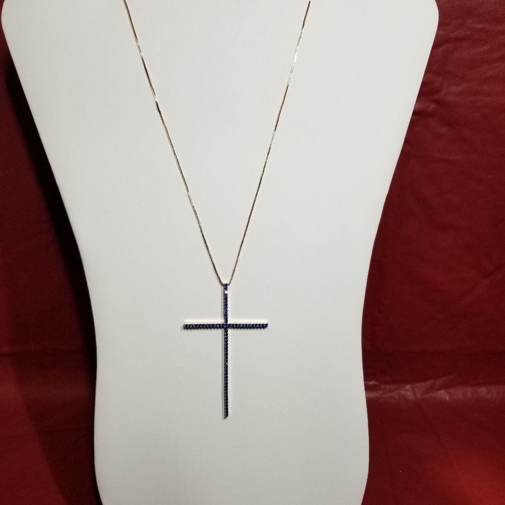 AAA Zircon & Copper Cross Necklace. Blue & Gold - Picture 6 of 8